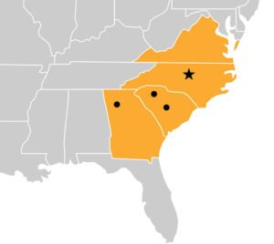 Map showcasing Boiler System Projects and Industrial Heating Solutions in North Carolina, Virginia, South Carolina, and Georgia by Boiler Masters Inc.